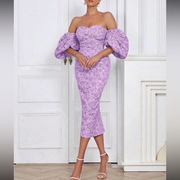 Luxe dusty blue floral jacquard off shoulder party formal evening dress - Picture 9 of 16